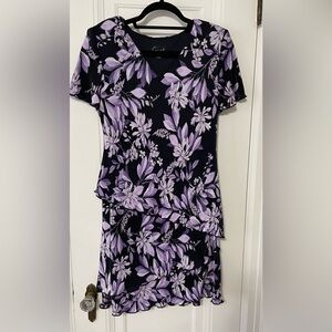 Black with lilac flowers dress. Layered asymmetrical ruffled bottom. 10P